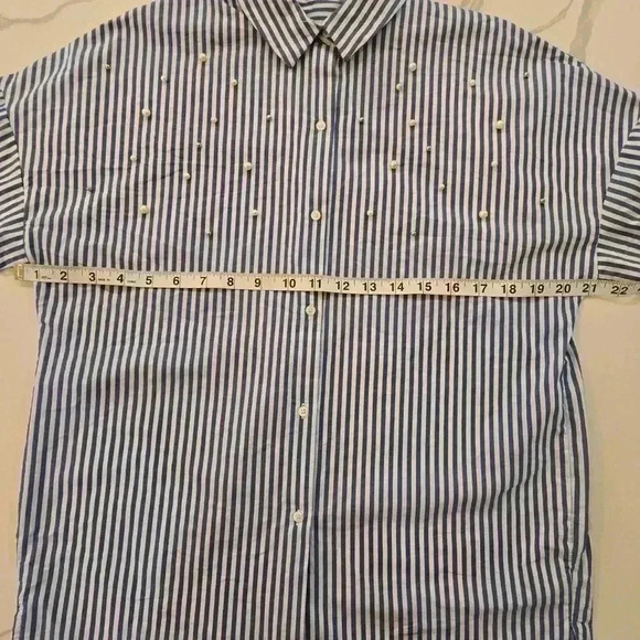 Bershka Button Down Pearl Embroidered Striped Shirt Womens Blue White Size XS - Picture 6 of 10